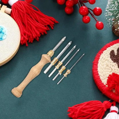 Adjustable Knitting Punch Needle DIY Stitching Needle Threader Magic Wooden Handle Sewing Accessories