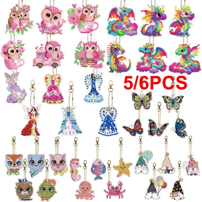 6pcs/set DIY Fox Little Dinosaur Diamond Painting Keychain Handmade Diamond Keychains Rhinestone Pendant Point Drill Key Ring